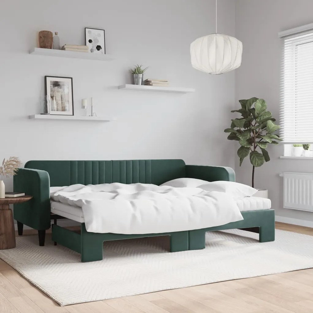 vidaXL Pat de zi cu extensie și saltele verde închis 80x200 cm catifea