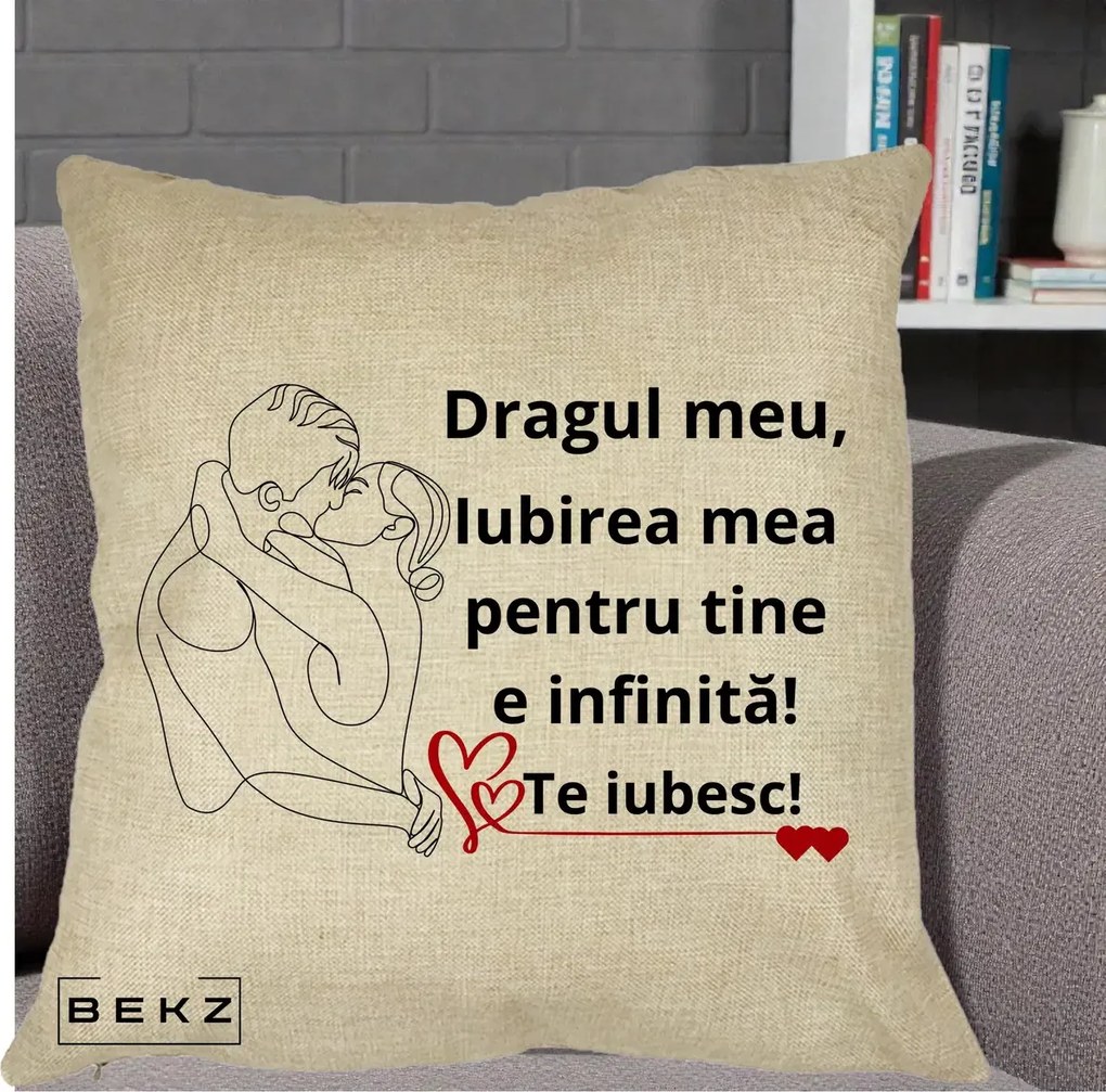 Cadou pentru Iubit - Perna Personalizata Dragul Meu Iubirea Mea pentru Tine e Infinita Te Iubesc, 40x40 cm, Crem, Husa Detasabila, Perna Inclusa, BEKZ®