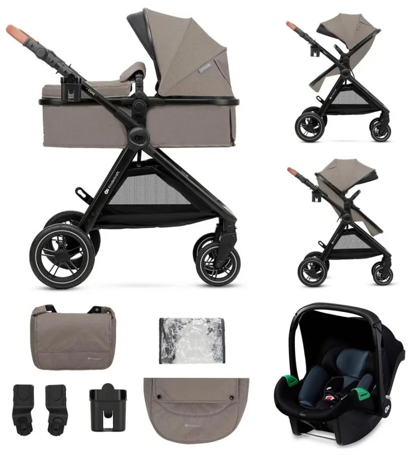 Cărucior de copii combinat 3 în 1 KINDERKRAFT ESME Sand beige + scaun auto MINK PRO