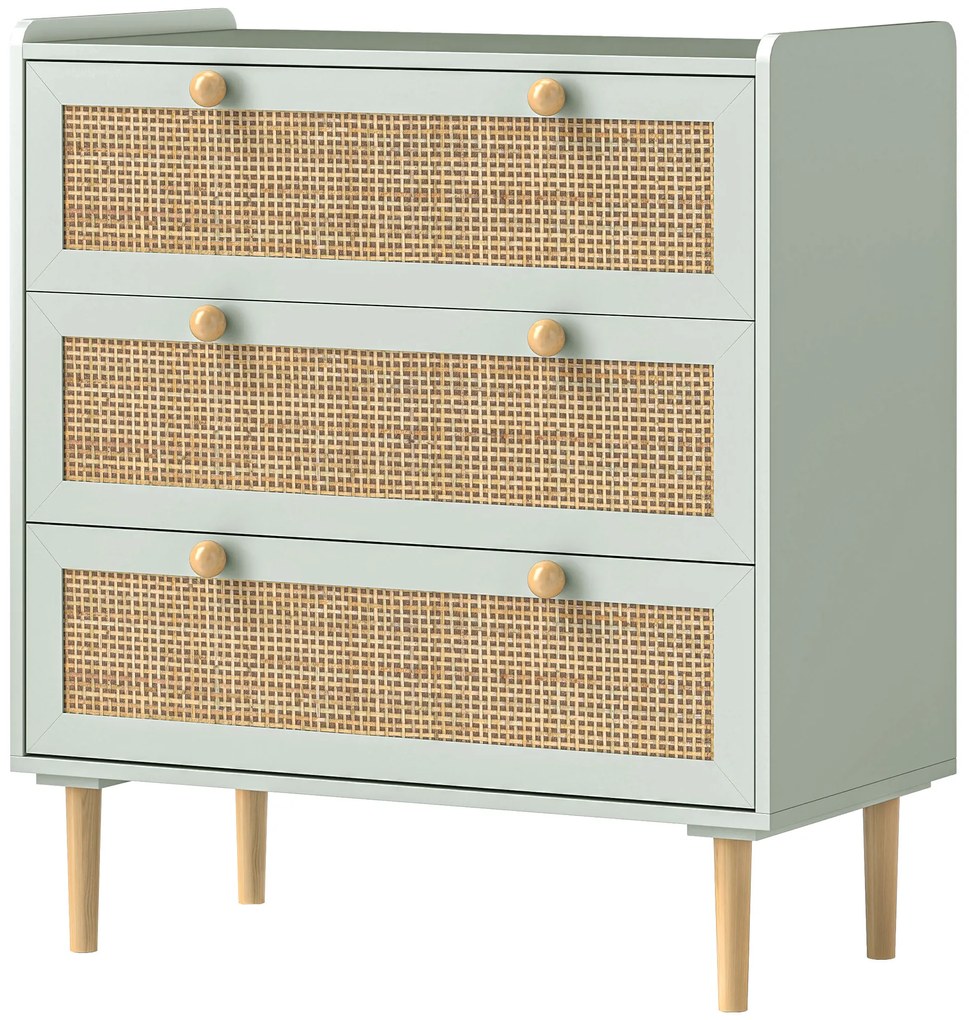 HOMCOM Comodă design boho din ratan cu 3 sertare, mobilier de depozitare pentru living, hol, intrare, verde măsliniu | Aosom Romania