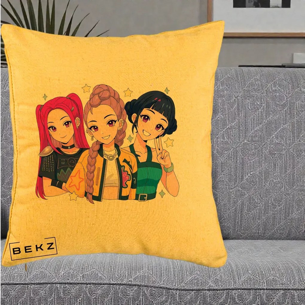 Perna Personalizata K-pop HUNTRX Trio Anime Stele, 40x40 cm, Galben, Husa Detasabila, Perna Inclusa, BEKZ®
