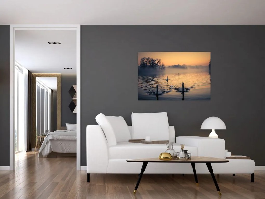 Tablou cu lebăde pe apă în ceață (90x60 cm)