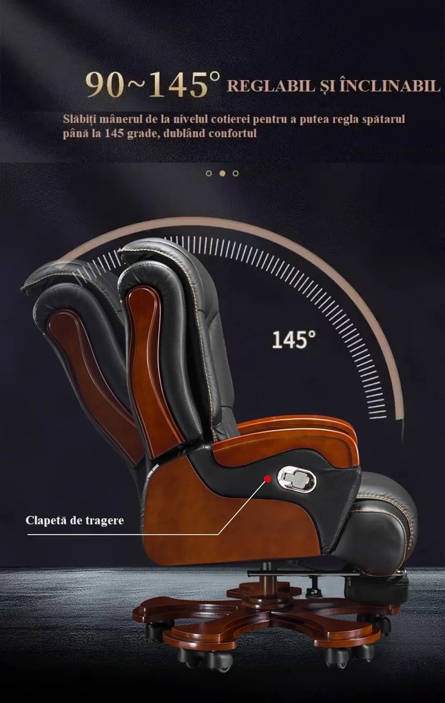 EXECUTIVE SIGNATURE 8033 – Scaun directorial din piele naturala si lemn masiv, Masaj in 9 puncte si Incalzire, rezistent 150 kg, Negru