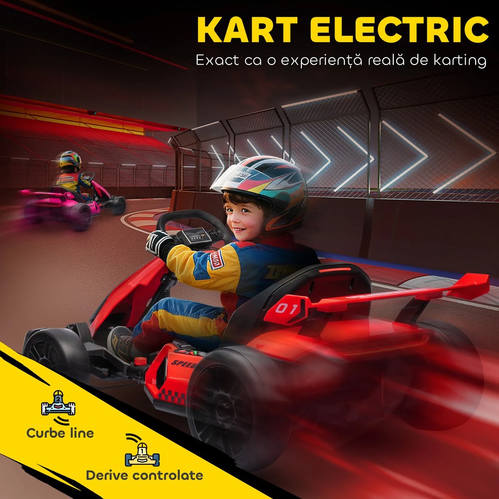 HOMCOM Go-Kart Electric pentru Copii cu Scaun Reglabil, 2 Motoare, Claxon, Lumini și Muzică, 120x76x53.5 cm, Roșu | Aosom Romania
