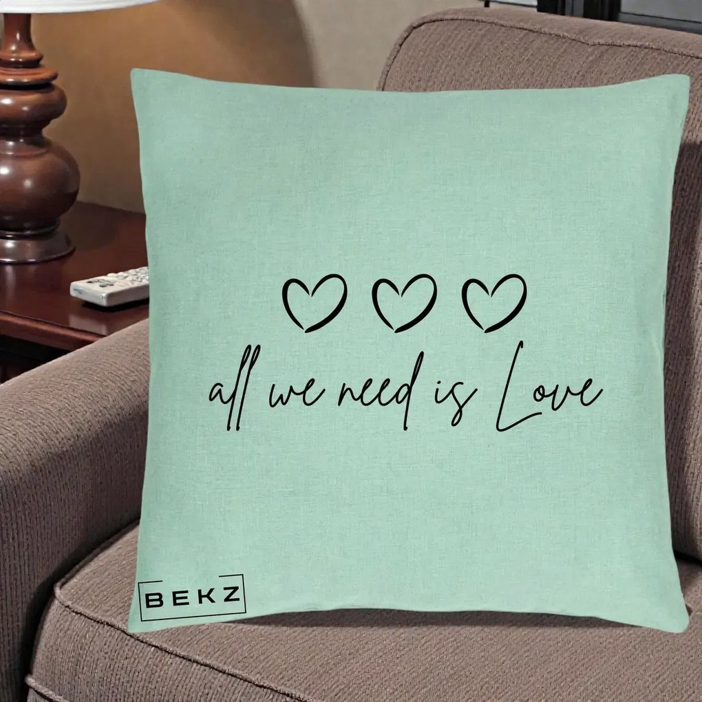 Perna Decorativa All We Need Is Love, 40x40 cm, Verde Menta, Husa Detasabila, Perna Inclusa, BEKZ®