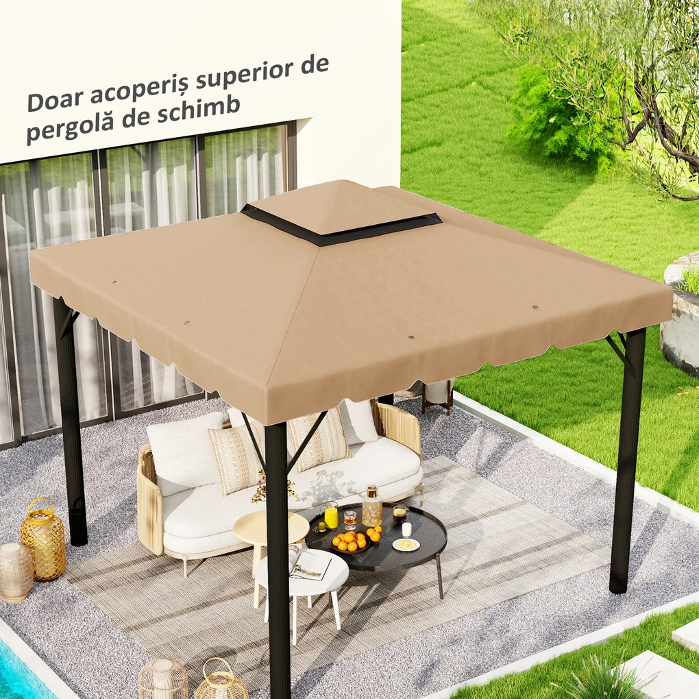 Outsunny Acoperiș de Schimb pentru Pavilion 3x3 m cu 2 Niveluri, Copertină Rezistentă la Apă din Poliester 170g/㎡ cu 8 Orificii de Drenaj, Bej | Aosom Romania