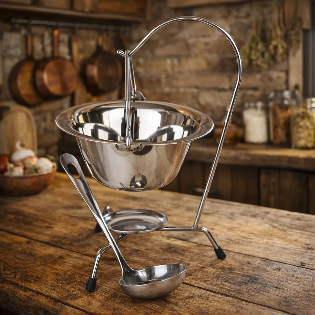 Mini ceaun pentru servire 800 ml, 17x9 cm, cu polonic si suport