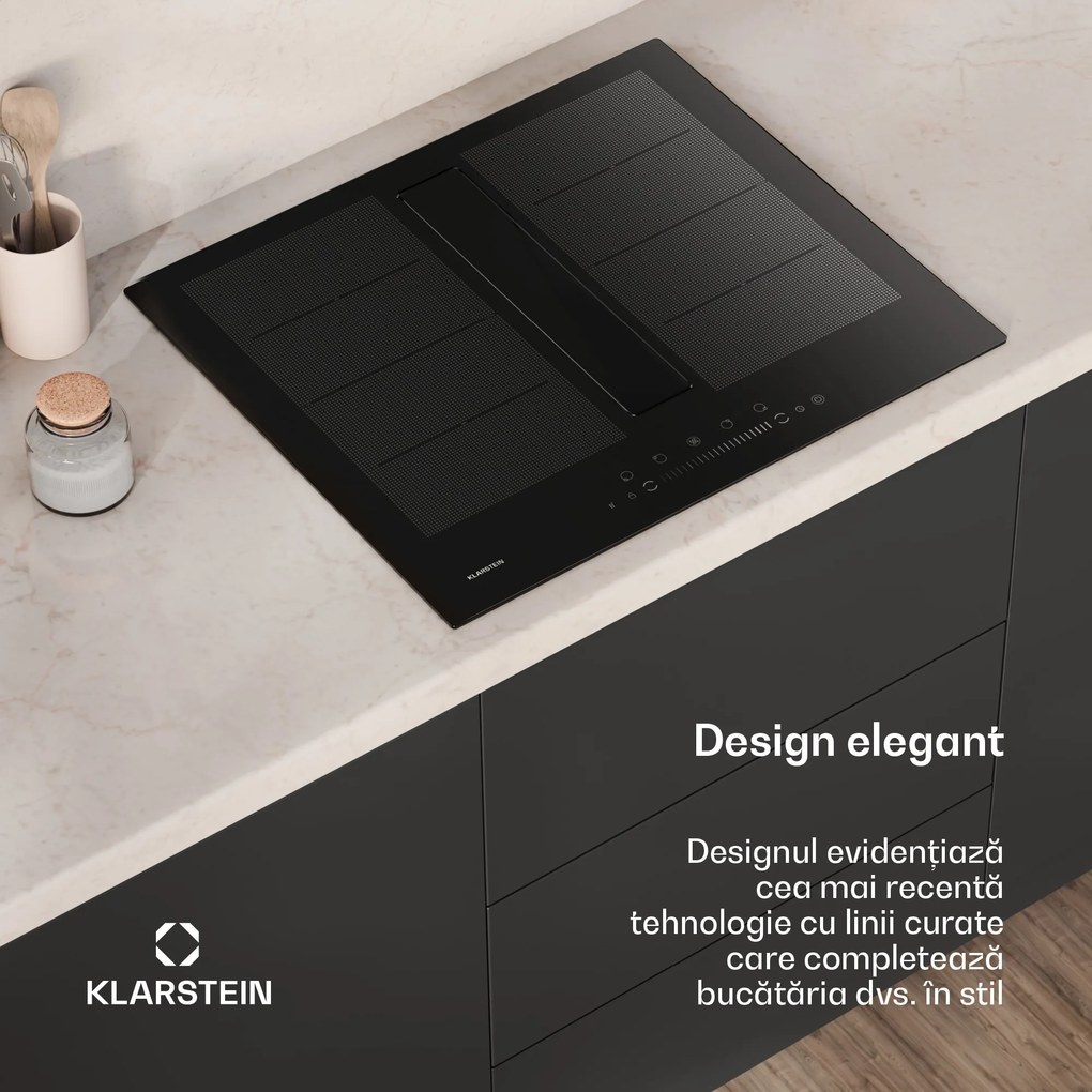 Klarstein Chef-Fusion Down Air System plită cu inducție + hotă 60cm 598 m³/h capacitate evacuare EEC A