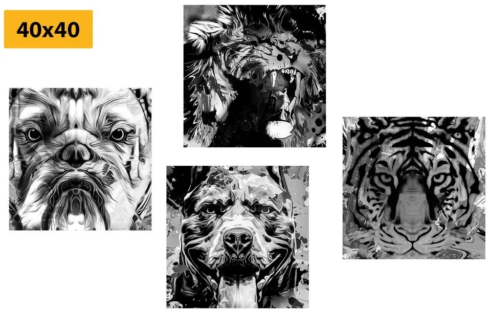 Set tablouri animale în design alb-negru de stil pop art