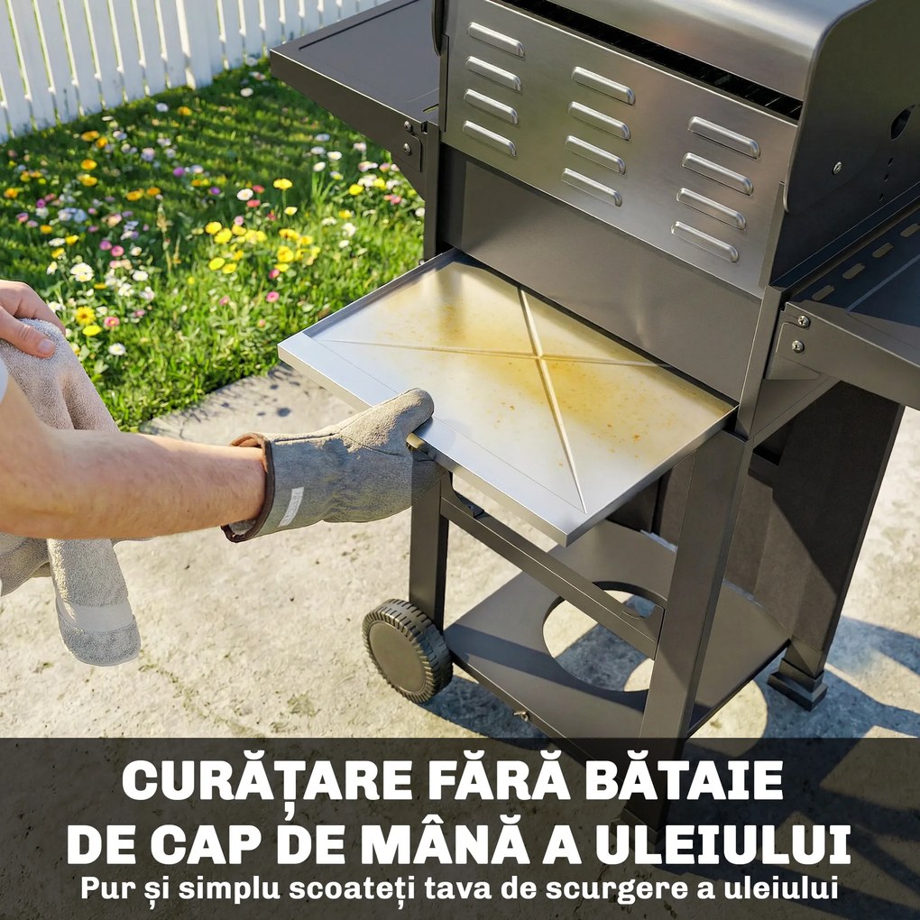 Outsunny Grătar pe Gaz Protan cu 2 Arzătoare, Portabil, Termometru, Negru | Aosom Romania