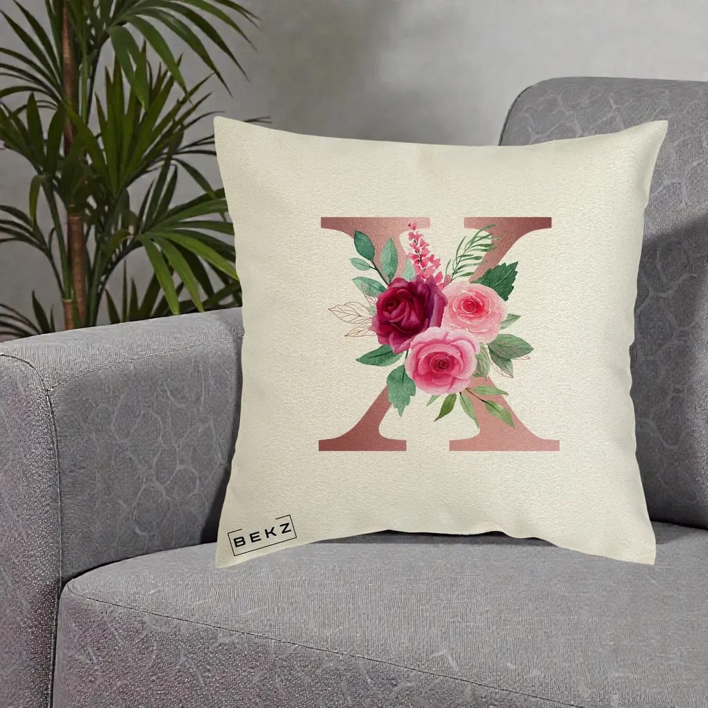 Cadou Personalizat - Perna Personalizata Monograma Rose Gold Litera X, 40x40 cm, Ecru, Husa Detasabila, Perna Inclusa, BEKZ®
