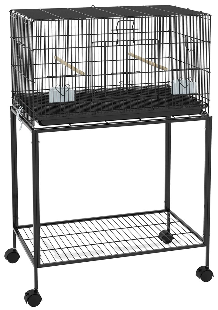 PawHut Colivie pentru Pasari cu Rotile 77x46x119 cm Cusca Metalica pentru Pasari cu Tava Detasabila 2 Suporturi 2 Hranitoare Negru | Aosom Romania