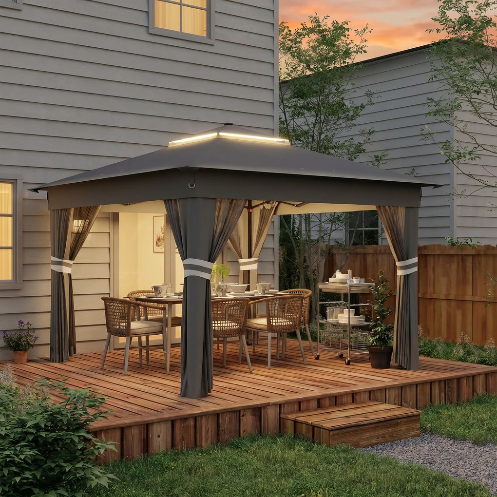 Outsunny Foisor tip pop-up 3 x 3(m),20 lumini LED alimentate de la soare,geanta cu roti, 4 saci de greutate, inaltime reglabila, Gri | Aosom Romania