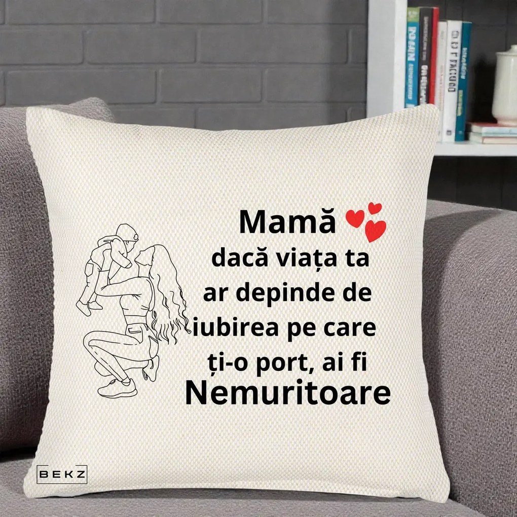 Cadou pentru Mama - Perna Personalizata Mama Nemuritoare Portret Graphic, 40x40 cm, Crem Reliefat, Husa Detasabila, Perna Inclusa, BEKZ®