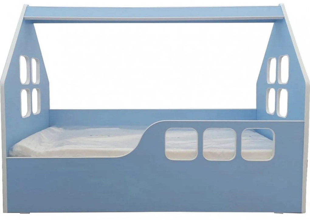 Pat tip casuta pentru copii NOVOKIDS™ Magic Blue House, 160x80 CM, Pal 18 mm, Margini anti-lovire, Protectie Laterala cu montare universala, Albastru