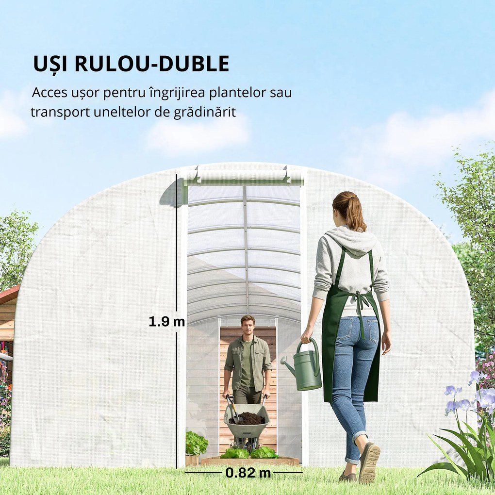 Outsunny Seră tunel de grădină 24 m², seră tunel cu cadru din oțel galvanizat, uși și 2 ferestre mari, alb | Aosom Romania