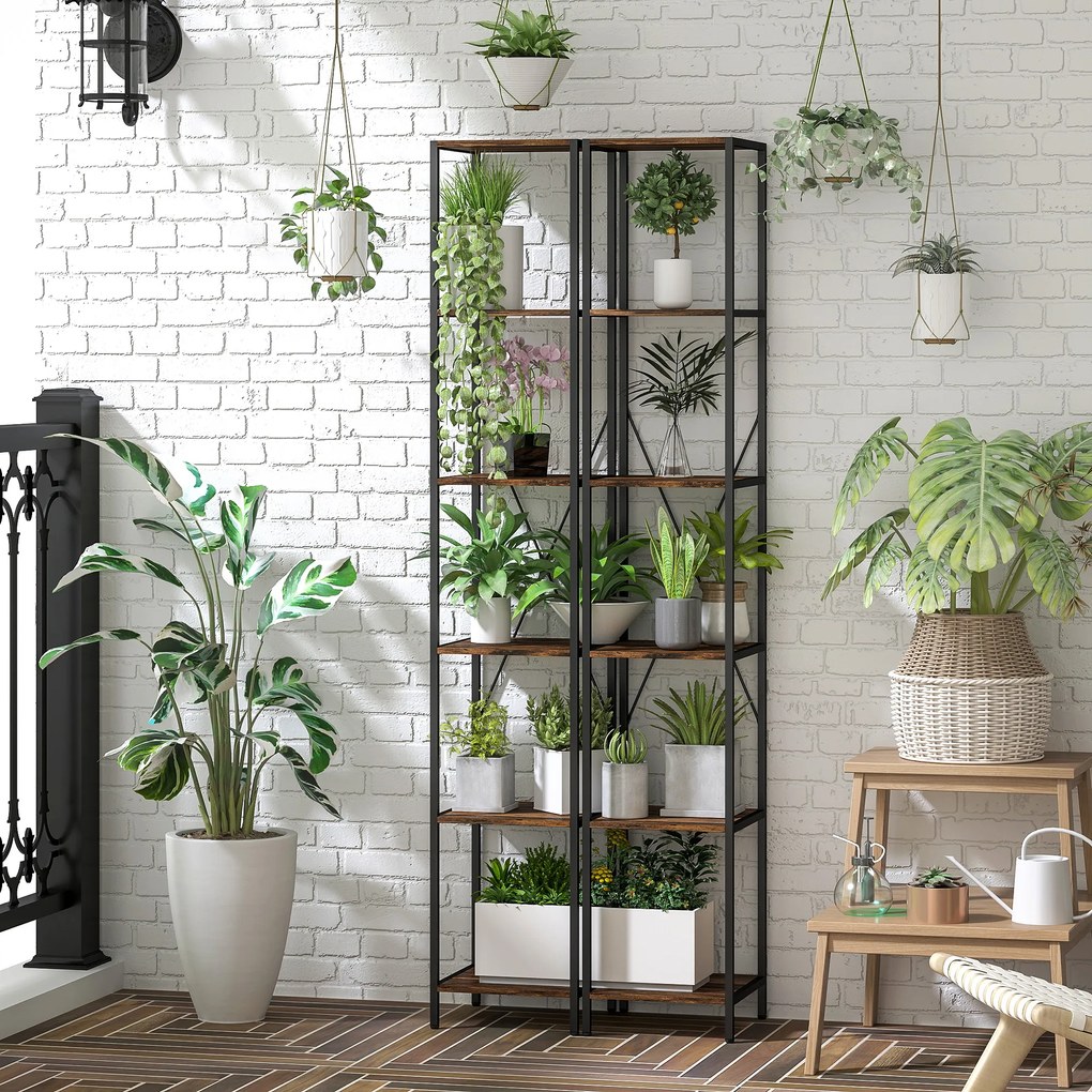 HOMCOM Set de 2 rafturi cu 6 polițe, cadru din oțel, pentru living, birou, dormitor, Maro-Rustic | Aosom Romania