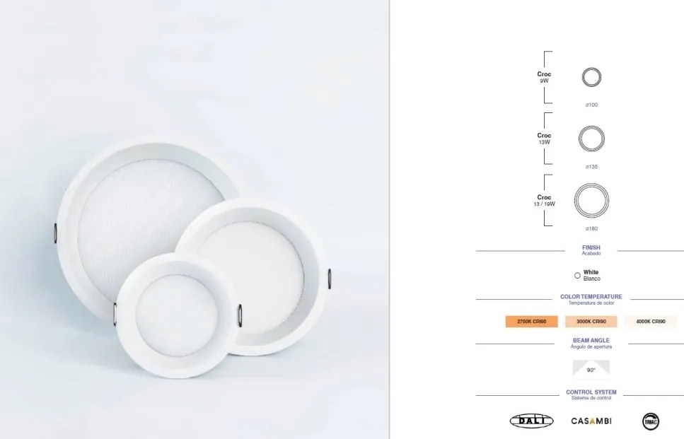 Spot LED incastrabil CROC IP44 recessed white 13W 13,5cm 90 grade 3000K CRI90 dali