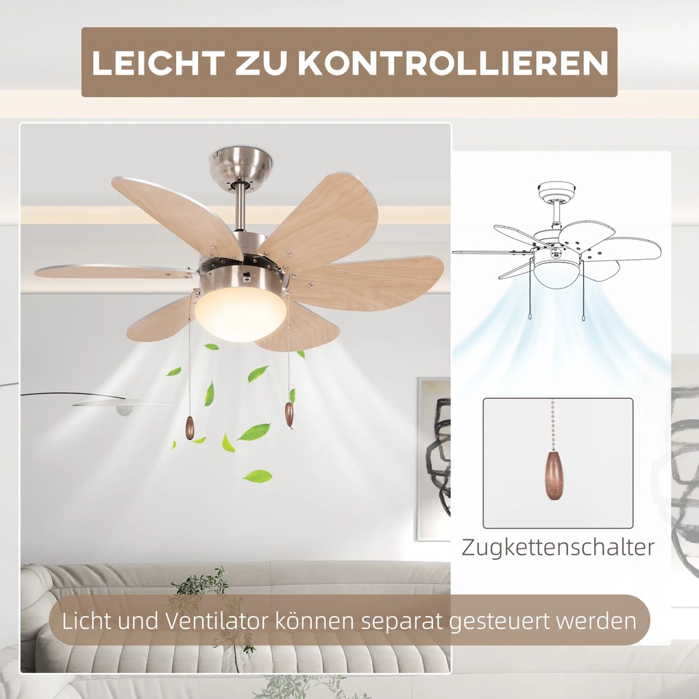HOMCOM Ventilator de tavan cu lumină, comutator de lanț, 3 viteze, 76 cm x 76 cm x 41,5 cm, Alb | Aosom Romania