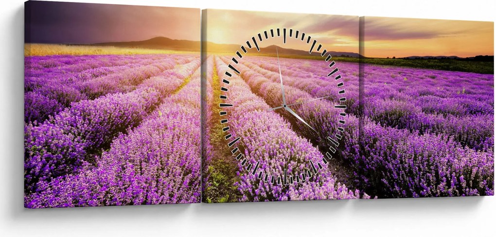 Tablou - Răsărit de soare în câmp de lavandă (cu ceas) (90x30 cm)