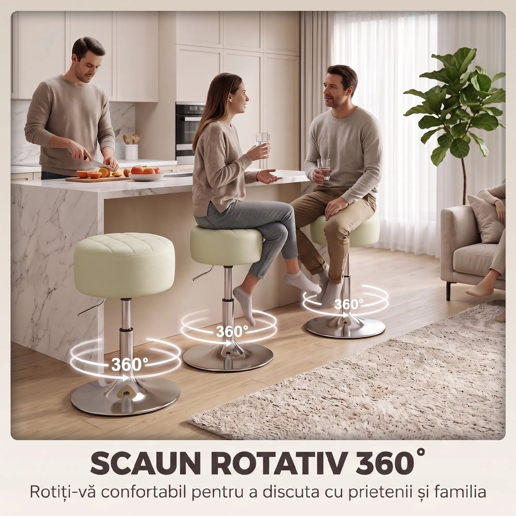 HOMCOM Scaun de Bar din Piele Ecologică PU, Reglabil pe Înălțime, Șezut Moale Gros, Rotire 360°, Pentru Insulă, Alb | Aosom Romania