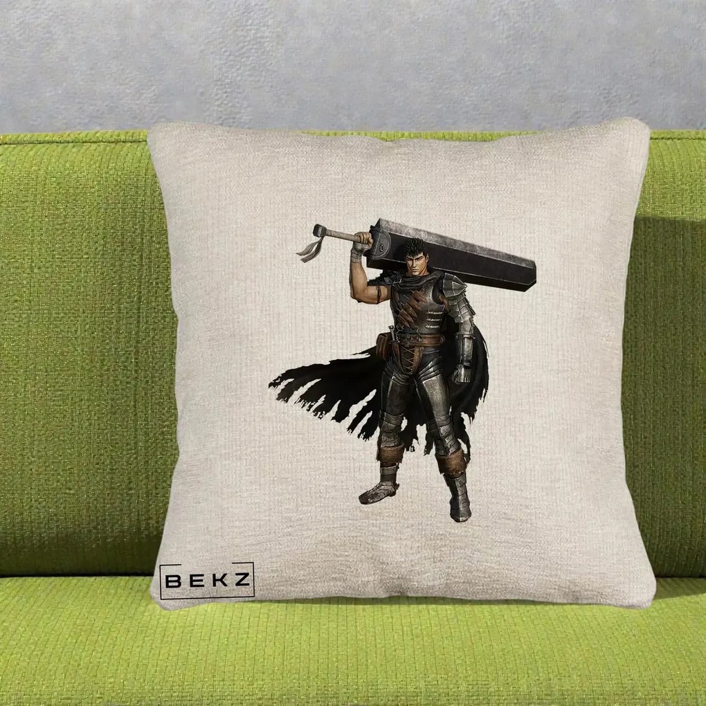 Perna Personalizata Berserk Guts Luptatorul Negru, 40x40 cm, Bej Canapea, Husa Detasabila, Perna Inclusa, BEKZ®