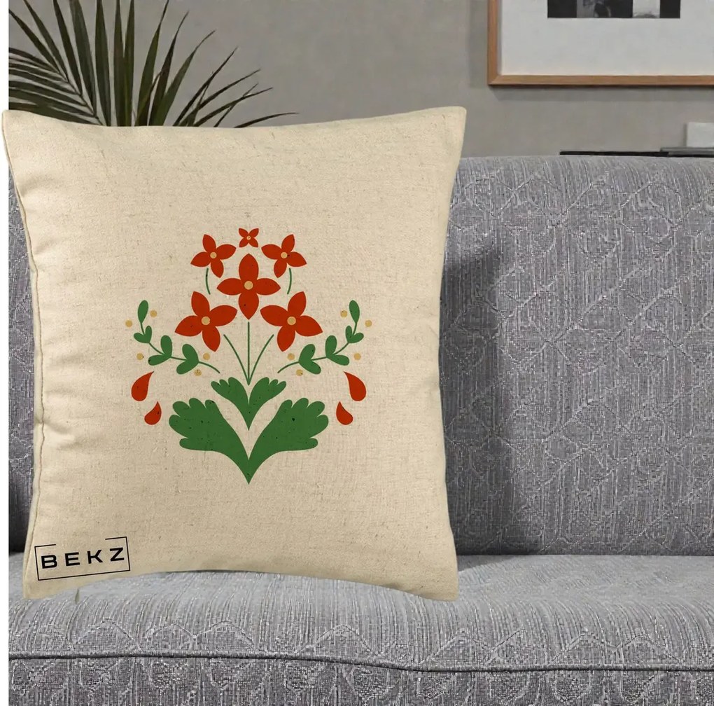 Perna Decorativa Buchet Floral Folk Rosu-Verde, 40x40 cm, Bej, Husa Detasabila, Perna Inclusa, BEKZ®