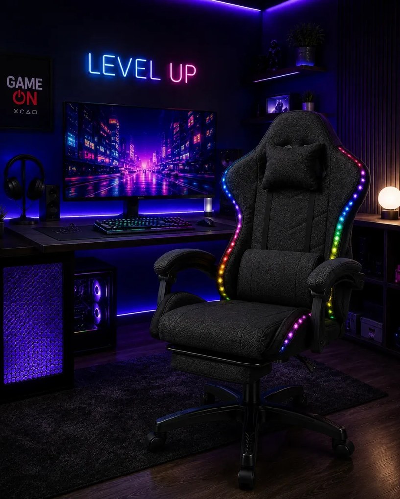 SONICSTRIKE RGB FABRIC– Scaun Gaming cu Masaj în 7 Puncte, Boxe Bluetooth Integrate, Sistem iluminare banda LED RGB, Tapițerie Premium Dublu Strat Anti-Zgâriere, Suport Extensibil pentru Picioare, Negru