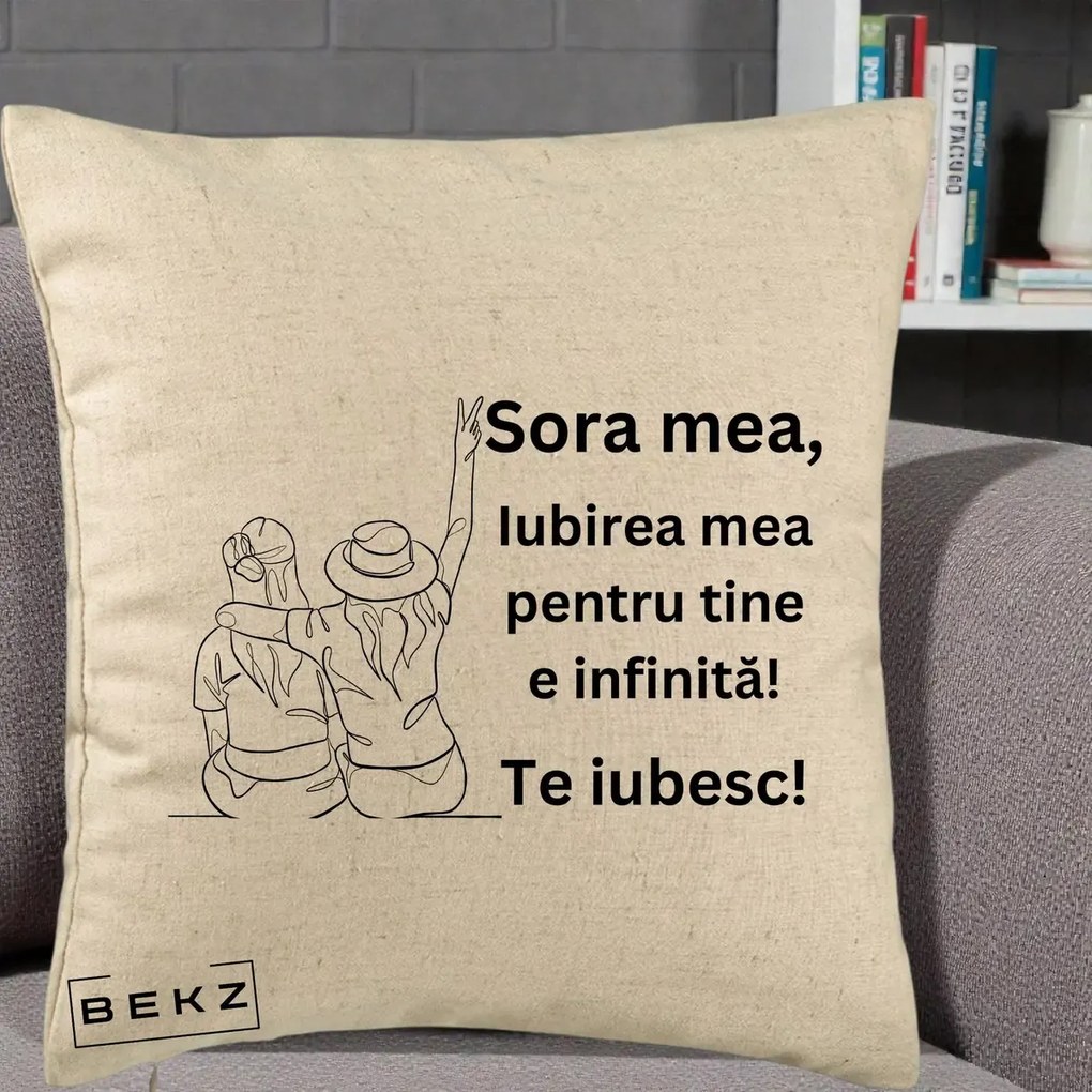 Perna personalizata sora: Sora mea, te iubesc, fete cu palarii, 40x40 cm cu Umplutura, Bej, BEKZ