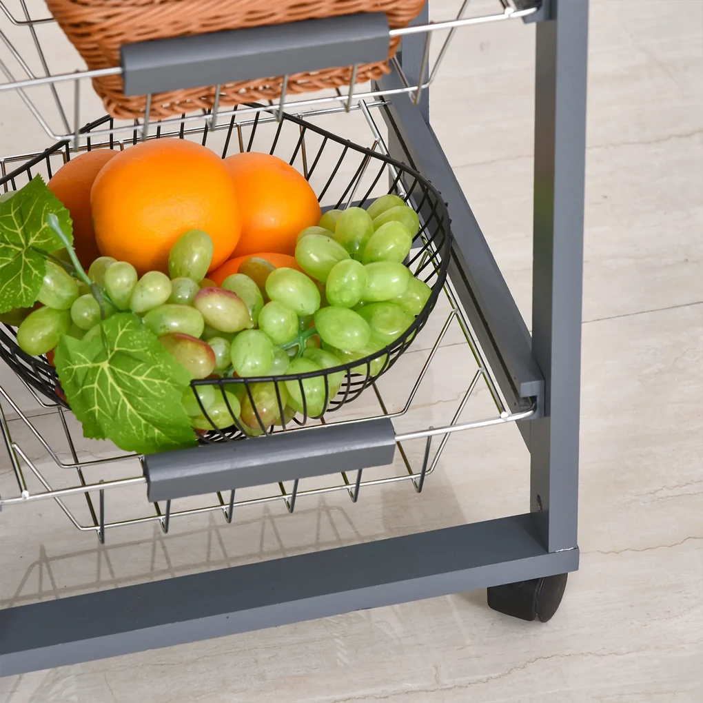 HOMCOM Carucior Bucatarie Multifunctional cu 3 Sertare Detasabile 2 Suporturi Sticle Lemn de Pin Metal 47x37x83cm Stejar Gri | Aosom Romania