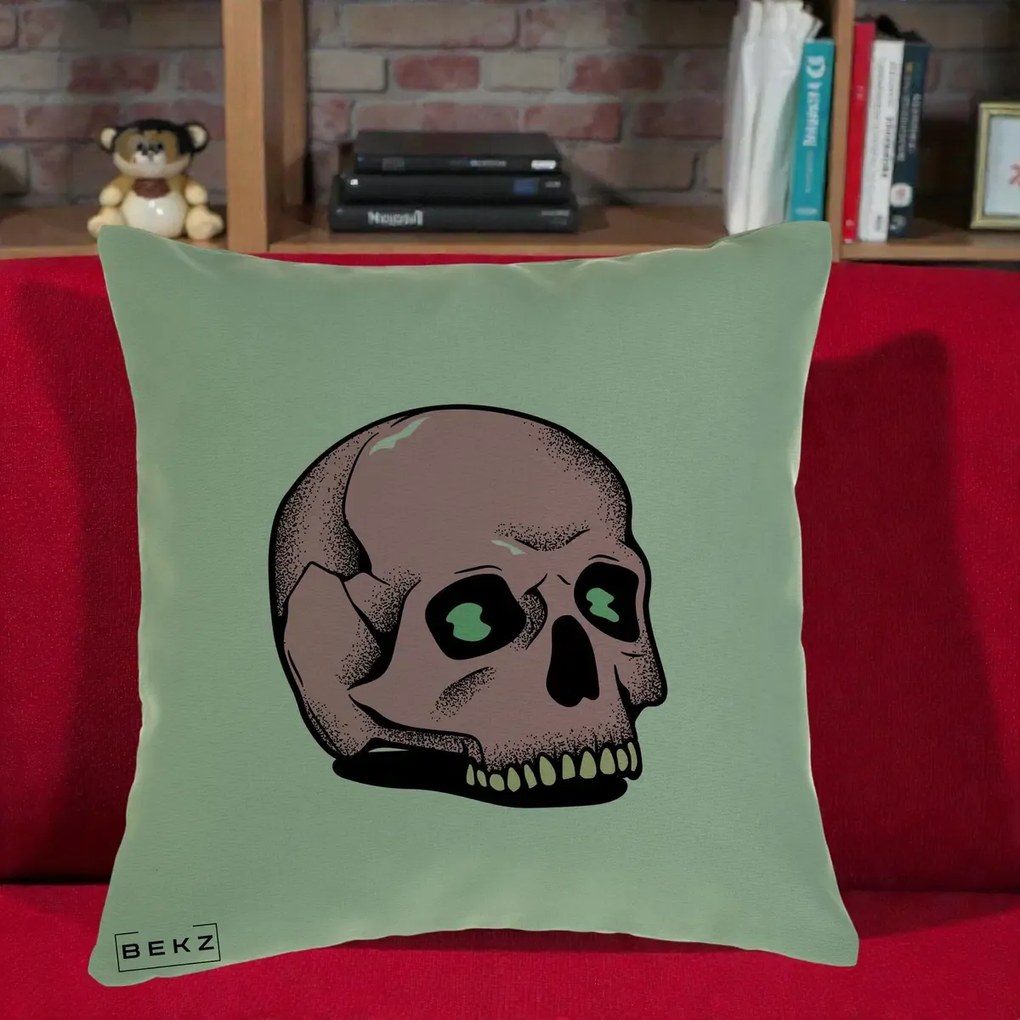 Perna Decorativa Craniu Roz Tatoo Art Halloween, 40x40 cm, Verde, Husa Detasabila, Perna Inclusa, BEKZ®