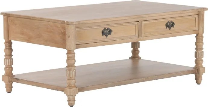 Măsuță de cafea din lemn masiv de mango, finisaj natural maro, 2 sertare și poliță inferioară, 110 x 60 x 45 cm, „Classic"
