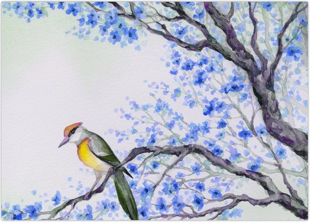 Tablou - Pasăre pe un copac cu flori albastre (70x50 cm)