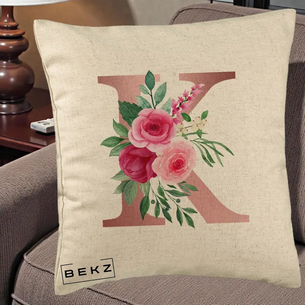 Cadou Personalizat - Perna Personalizata Monograma Rose Gold Litera K, 40x40 cm, Bej, Husa Detasabila, Perna Inclusa, BEKZ®