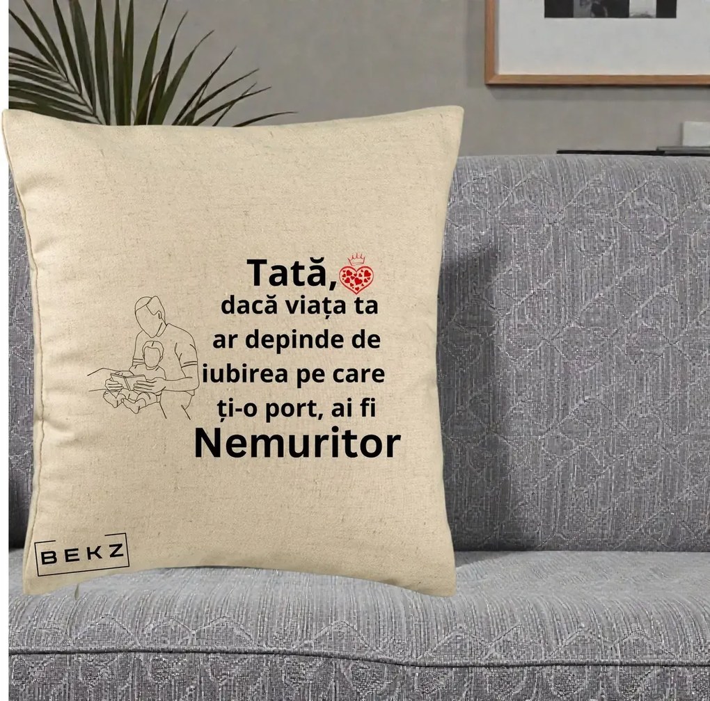 Cadou pentru Tata - Perna Personalizata Tata Nemuritor Lectura, 40x40 cm, Bej, Husa Detasabila, Perna Inclusa, BEKZ®