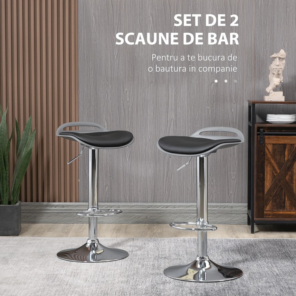 HOMCOM Set de 2 Scaune de Bar Reglabile și Pivotante cu Suport pentru Picioare Negru Argintiu 39x41x68-88cm | Aosom Romania