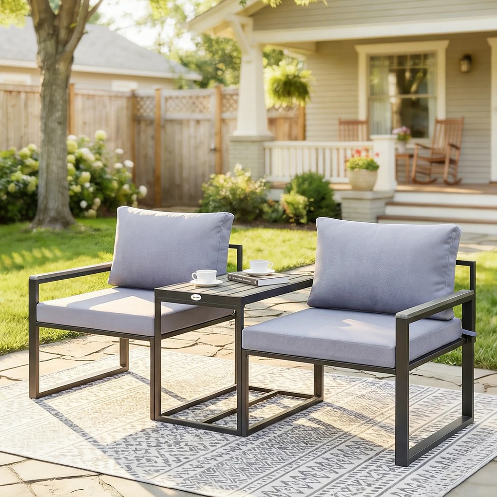 Outsunny Set Bistro Grădină 3 Piese pentru 2 Persoane, Masă și Scaune Exterior cu Șezut Textilen și Perne, Gri | Aosom Romania