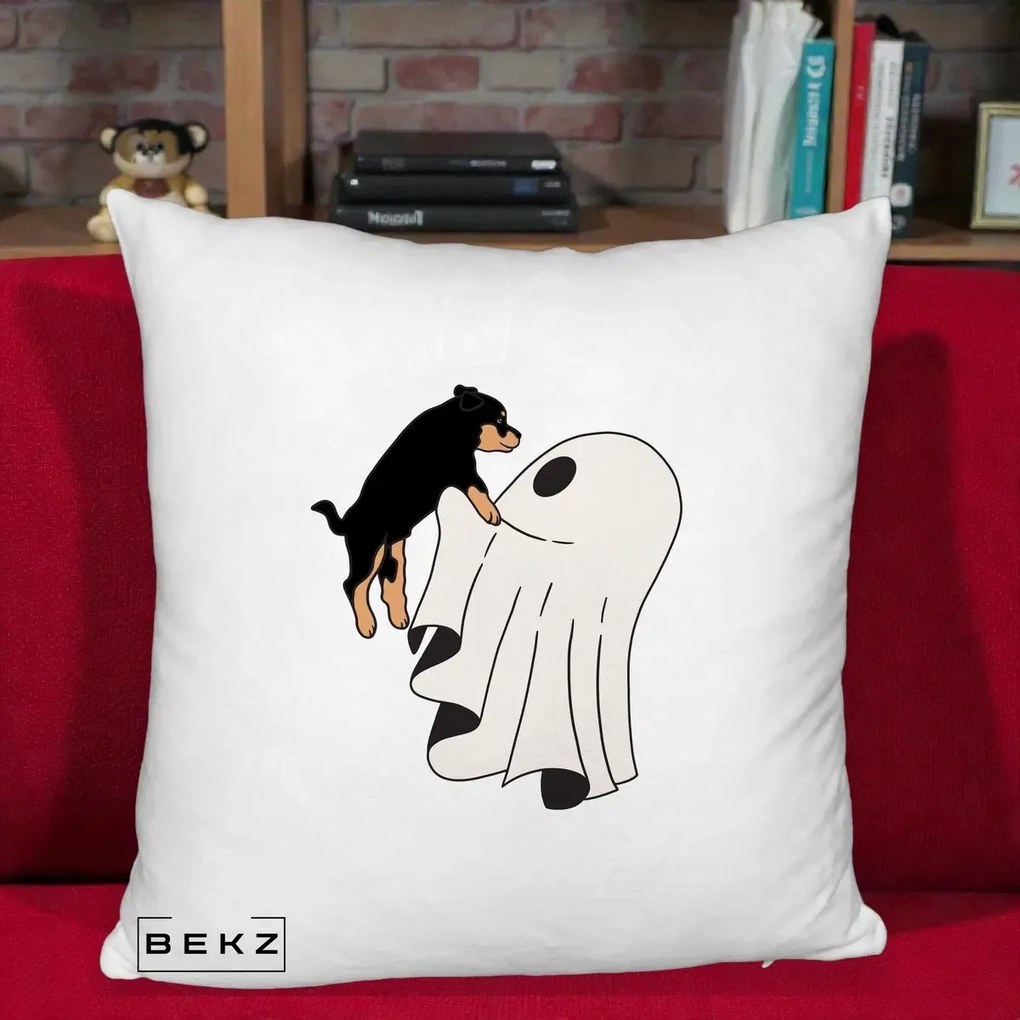 Perna Decorativa Caine Rottweiler Fantoma Halloween, 40x40 cm, Alb Pufos, Husa Detasabila, Perna Inclusa, BEKZ®