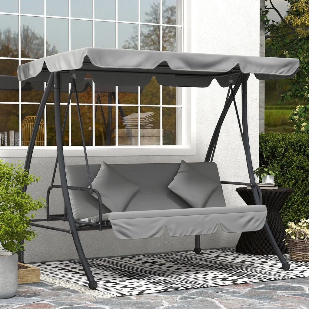 Outsunny Balansoar de grădină convertibil 3 locuri Înclinare Acoperiș reglabil Saltea 200 x 125 x 170 cm metal Polyester Gri deschis | Aosom Romania