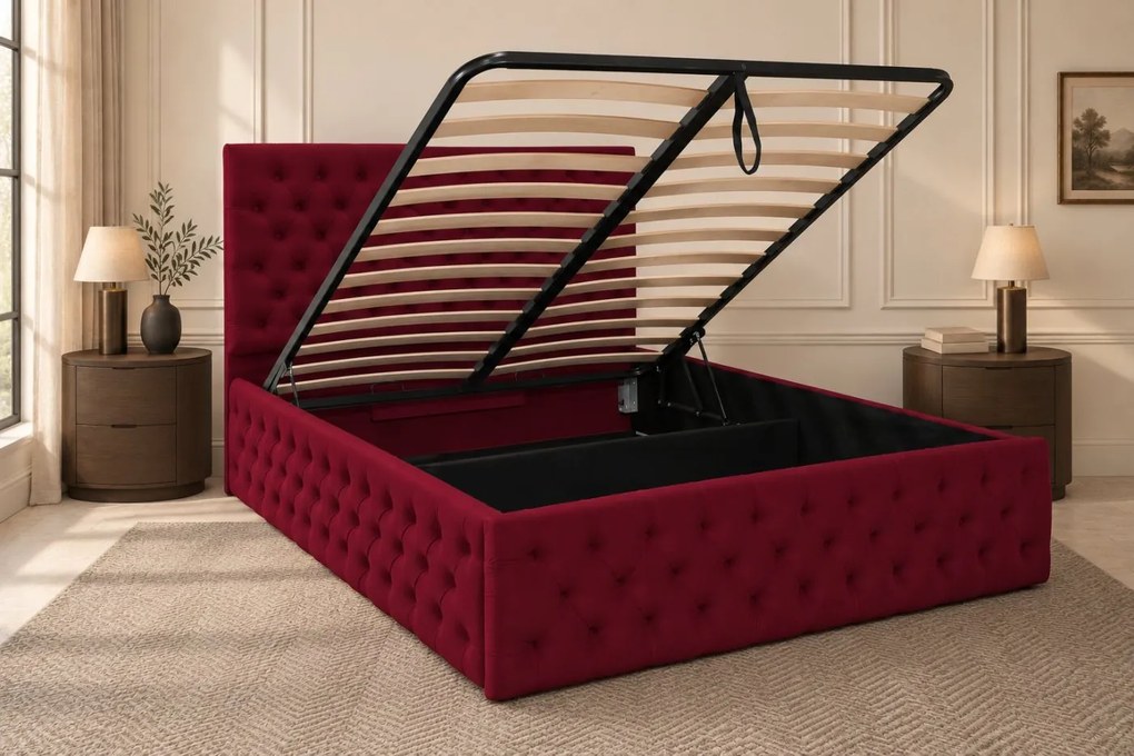 Pat tapițat Monza Deluxe 160×200 cm, vișiniu, cu ladă de depozitare