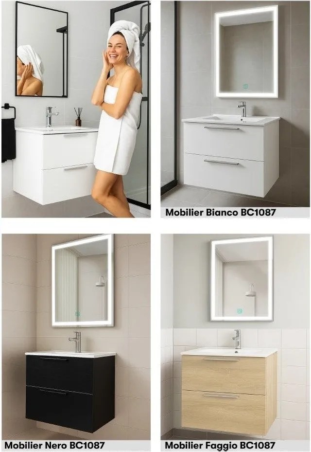 Set Mobilier Baie Suspendat 60 cm – cu Lavoar Ceramic Slim si Oglinda LED, MDF total Negru