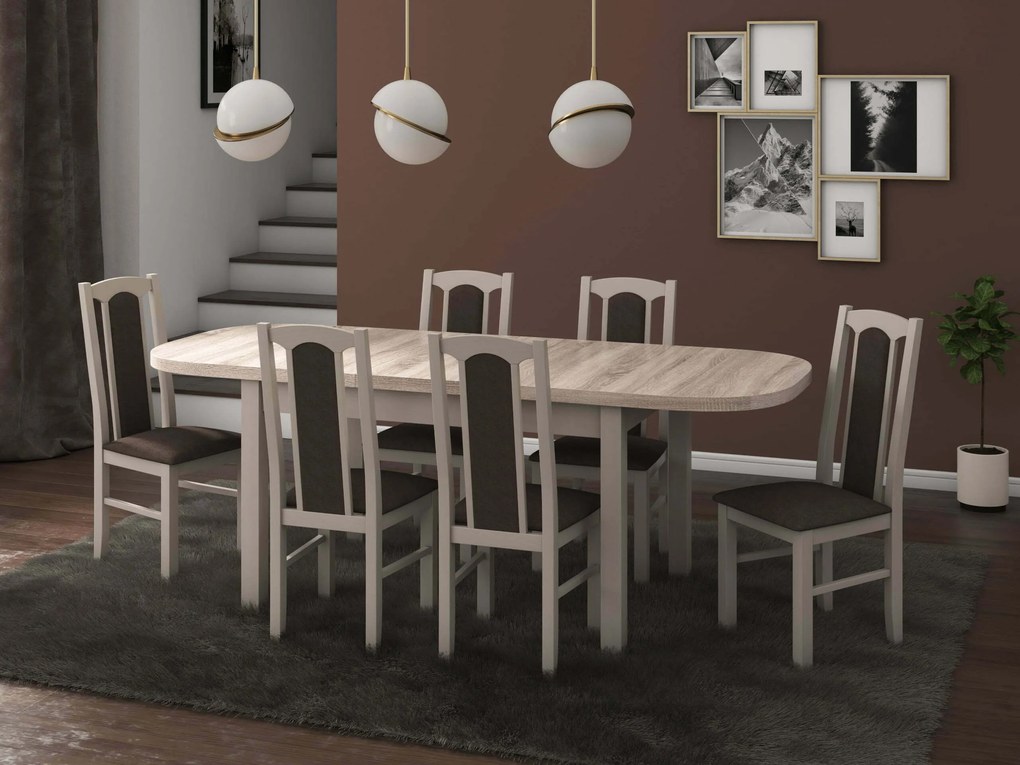 Set masa living Venus1 S cu 6 scaune Boss7 S6, sonoma, extensibila 160/200 cm, lemn masiv/stofa/pal