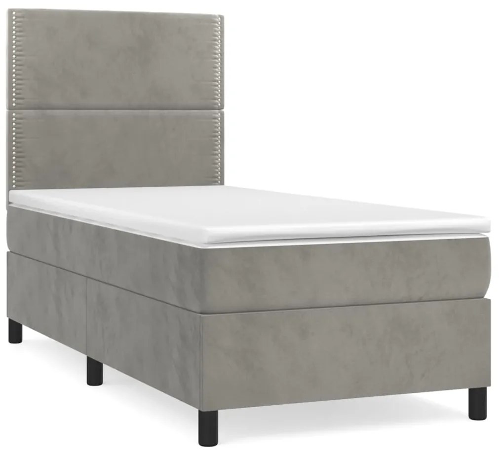 Pat box spring cu saltea, gri deschis, 90x200 cm, catifea Gri deschis, 90 x 200 cm, Culoare unica si cuie de tapiterie