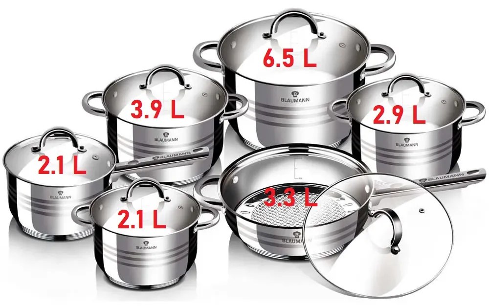Set oale si tigaie inox 12 piese cu capace de sticla, de calitate, gatire sanatoasa,  Gourmet Line Blaumann BL 1410