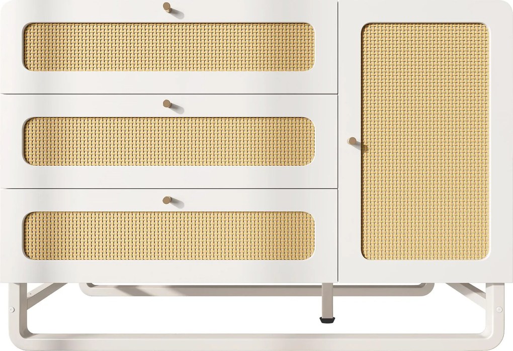 Comodă în stil rustic cu ratan și mânere aurii, 3 sertare și 1 ușă, 120x40x85 cm, Alb