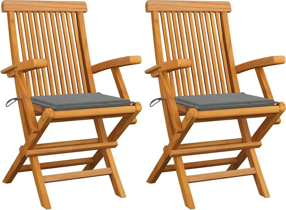 vidaXL Scaune de grădină cu perne gri, 2 buc., lemn masiv de tec