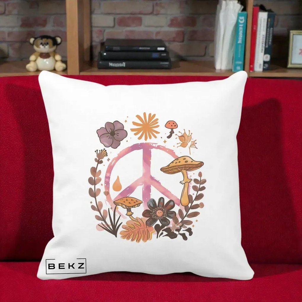 Perna Decorativa Peace Ciuperci Boho, 40x40 cm, Alba Mata, Husa Detasabila, Perna Inclusa, BEKZ®