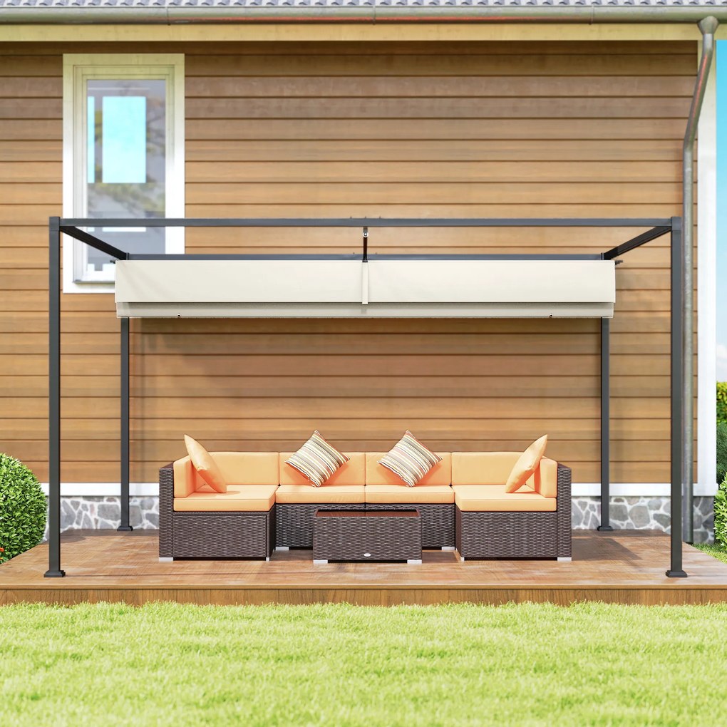 Outsunny Pergolă Gazebo 3x2 m cu Acoperiș Retractabil, Orificii de Drenaj, Țăruși și Șuruburi, Pergolă din Metal și Poliester pentru Exterior, Crem | Aosom Romania