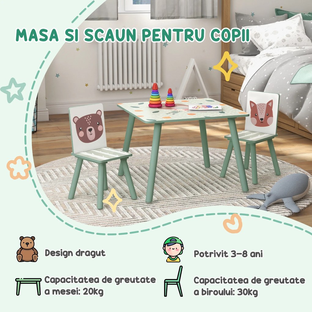 Set masă și scaun ZONEKIZ de 3 piese pentru copii cu vârsta de 3-8 ani din MDF și lemn de pin cu desene animale, de culoare verde | Aosom Romania