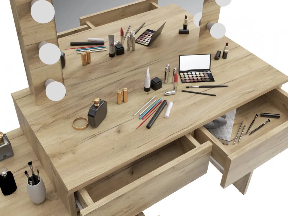 Masuta machiaj cu Oglinda LED si 5 Sertare pentru Cosmetice, Set Masa toaleta 112 cm, Stejar, masuta cosmetica, vanity - SEM510